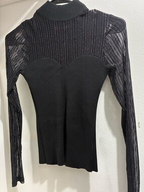 Black Ribbed Mock Neck Long Sleeve Top with Sheer Stripes